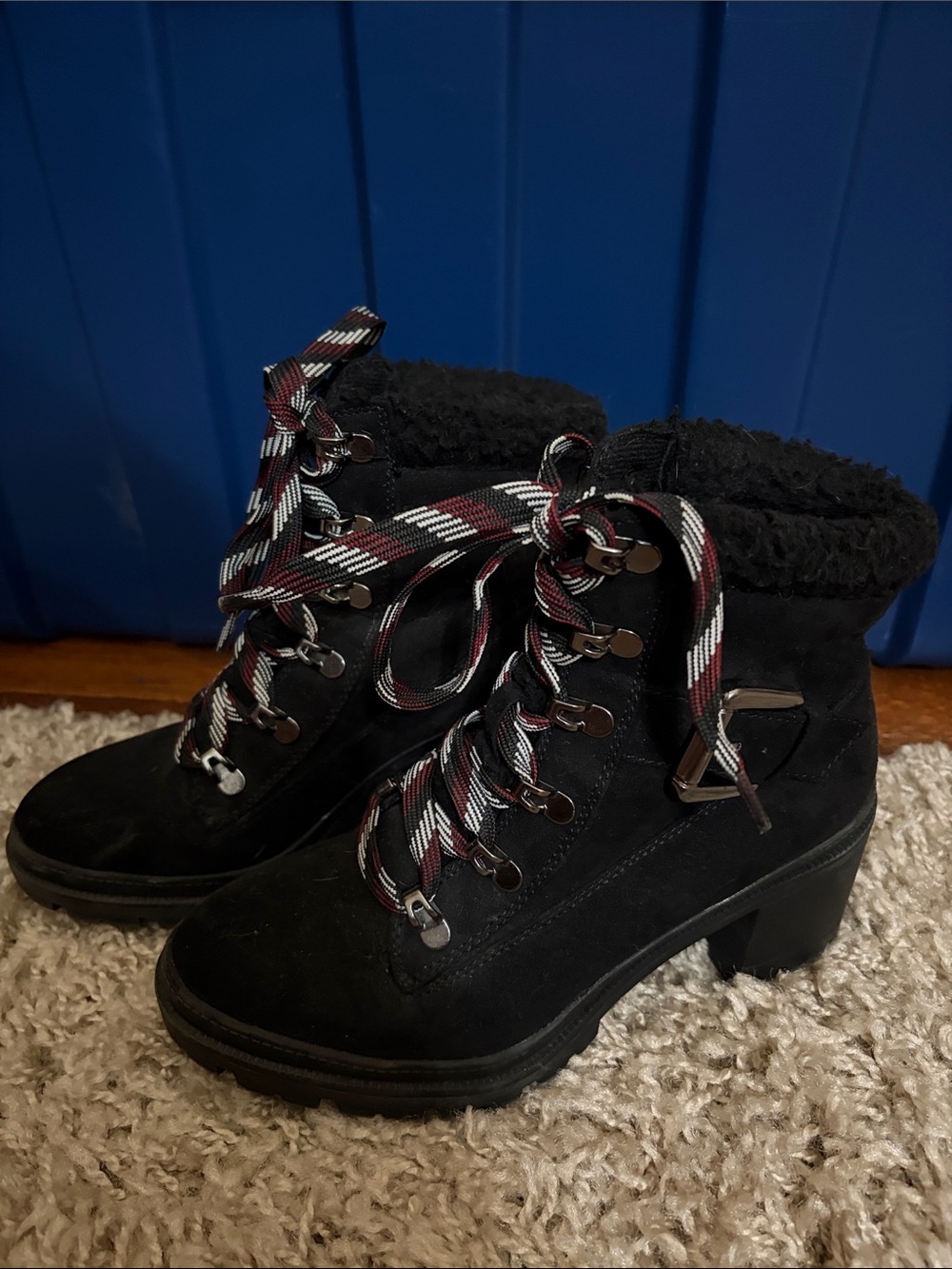 Black Suede Lace-Up Winter Boots with Patterned Laces (size 6.5)